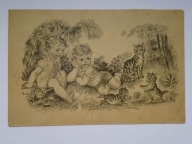 Dzieci i bawiące się koty - rysunek ołówkiem - stara pocztówka