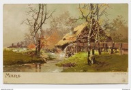 Młyn wodny pejzaż jesienny ok.1900r. T. Guggenberger LITOGRAFIA H744