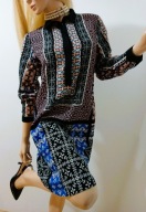 WAREHOUSE KOLOROWA sukienka w ornamenty z kołnierzykiem vintage retro L