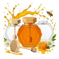 Zestaw 5 słoików szklanych MAJA z drewnianą pokrywką i pałeczką 200 ml Miód