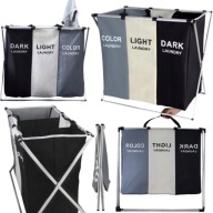 KOSZ NA PRANIE DUŻY SKŁADANY WOLNOSTOJĄCY UCHWYTY PODZIAŁ NA 3 KOMORY 135L