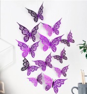 Duże Naklejki na ścianę 3D Motyle Ażurowe Purpura Fioletowe 12 szt