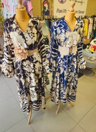 Sukienka atłas kwiaty czarno-beżowa LUX LUNA Italy, r . Uni !!!