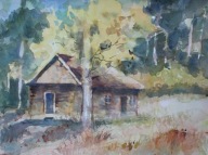 Akwarela Sabina Salamon 27x38pejzaż dom pod lasem