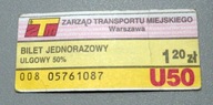 Bilet jednorazowy ulgowy U 50 ZTM W-wa 2008r (kasowany).