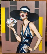 DAMA W KAPELUSZU z kartami / obraz na płótnie 60 x 50 cm / Art déco