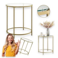 STOLIK KAWOWY MAŁY OKRĄGŁY STÓŁ SZKŁO HARTOWANE 50 X 50 X 55CM ŁAWA ZŁOTY