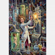 Szalona kobieta doktor klonuje samą siebie obraz 58x85 maszyna pop art