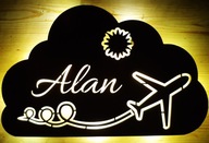 Lampka nocna LED, drewniana, imienna, samolot, 7 kolorów, 6 frontów