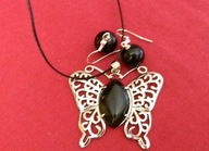Onyks w srebrze, wisior z motylem i kolczyki, zestaw biżuterii