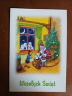 Kartka świąteczna na Boże Narodzenie - Mikołaj rozdający prezenty