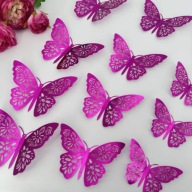 Motyle 3D Naklejki Magenta Mocny Róż Ażurowe Mieniące Szpice Kwiaty 12 szt