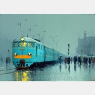 Stary pociąg lokomotywa peron stacja kolejowa obraz olejny 55x80 niebieski