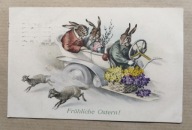Stara pocztówka Wielkanoc zające samochód Easter fantasy litografia