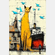 Duży kot w porcie statek szkic ilustracja abstrakcja obraz na płótnie 58x85