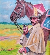 PORTRET UŁANA Z KONIEM- OBRAZ OLEJNY NA PŁÓTNIE-J.KOSSAK 28X26