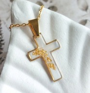 Zawieszka krzyżyk biało-złota, stal, prezent na Boże Narodzenie