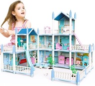 Domek dla lalek deAO 3-poziomowy 9-pokojowy akcesoria i meble 61x41x48 cm
