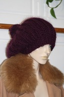 CZAPKA beret z pomponem RĘKODZIEŁO moher burgund