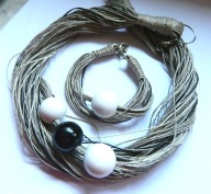 Len i drewniane kule, ekologiczna biżuteria, naszyjnik i bransoletka