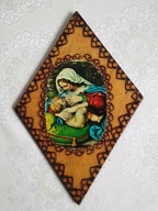 Stary obrazek Matki Boskiej karmiącej na sklejce - z czasów PRL-u