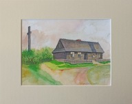 Wiejska chata pejzaż architektura krzyż akwarela na papierze