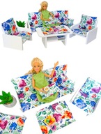 Mebelki białe drewniane kanapa z fotelami w kwiaty akwarela na urodziny