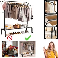 WIESZAK STOJĄCY NA UBRANIA DUŻY PODWÓJNY CZARNY NA KÓŁKACH 150CM