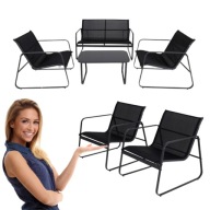 MEBLE OGRODOWE ZESTAW SOFA 2 FOTELE STOLIK CZARNE METAL TARAS BALKON LATO