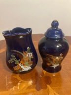 Zestaw kobaltowy: wazonik + puzderko z pokrywką – vintage (2 szt.)