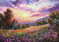 O ZACHODZIE SŁOŃCA - PEJZAŻ - 70x50 - OBRAZ OLEJNY - T.KACHELSKI