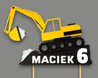 Topper na tort KOPARKA NA GĄSIENICACH z IMIENIEM i WIEKIEM dziecka
