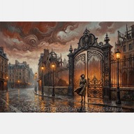 Stare miasto brama kobieta obraz olejny na płótnie 58x85 czerwień deszcz