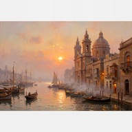 Miasto zatoka łodzie wschód słońca obraz olejny na płótnie 55x80 mgła Malta