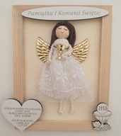 Pamiątka Pierwszej Komunii Świętej w ramce, Anioł Stróż makrama, grawer