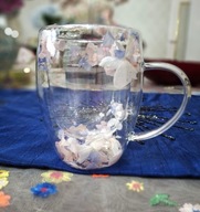 KUBEK SZKLANKA FILIŻANKA 3D SUSZONE KWIATY PODWÓJNE DNO PODWÓJNY KOLOROWY