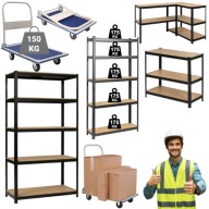 ZESTAW REGAŁ MAGAZYNOWY METALOWY CZARNY 5 PÓŁEK 875KG 180X90X40CM + WÓZEK