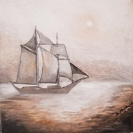 OBRAZ MALOWANY RĘCZNIE 40x40cm Żaglowiec o świcie