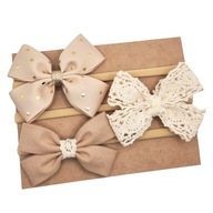 Opaski na głowę z kokardkami brązowa beż groszki i koronka zestaw