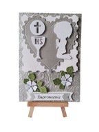 ZAPROSZENIA KOMUNIA CHŁOPIEC KLĘCZĄCY KIELICH SERCE B6 SREBRO - BIEL