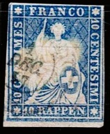SZWAJCARIA 1854 – HELVETIA „STRUBEL” 10 r. – Nitka jedwabna – KLASYKA