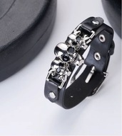 Bransoletka rockowa metal z 3 czaszkami rock vintage skora punk B048 rg_pl