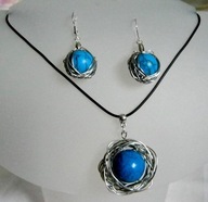 Turkus niebieski w drucie, wire wrapping, wisiorek i kolczyki - handmade