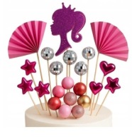 Toppery na tort różowe Disco Pink 38 szt zestaw dekoracji