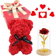 ZESTAW MIŚ Z RÓŻ + WIECZNA RÓŻA W SZKLE LED PREZENT DLA NIEJ WALENTYNKI