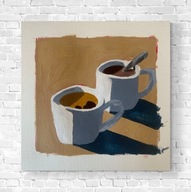 Obraz na płótnie ręcznie malowany akrylami "Poranna kawa" nowoczesny 60x60