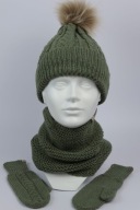Wełniany zestaw zimowy 3w1czapka, komin, rękawiczki - wełna merino, oliwka