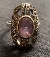 Elegancki pierścionek Art Deco z ametystem i markazytami, srebro 925