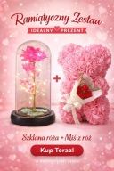 Miś z Płatków Róż Różowy z Wieczną Różą LED Prezent na Walentynki