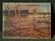 Brzozy na polanie - stary obraz olejny malowany na płótnie